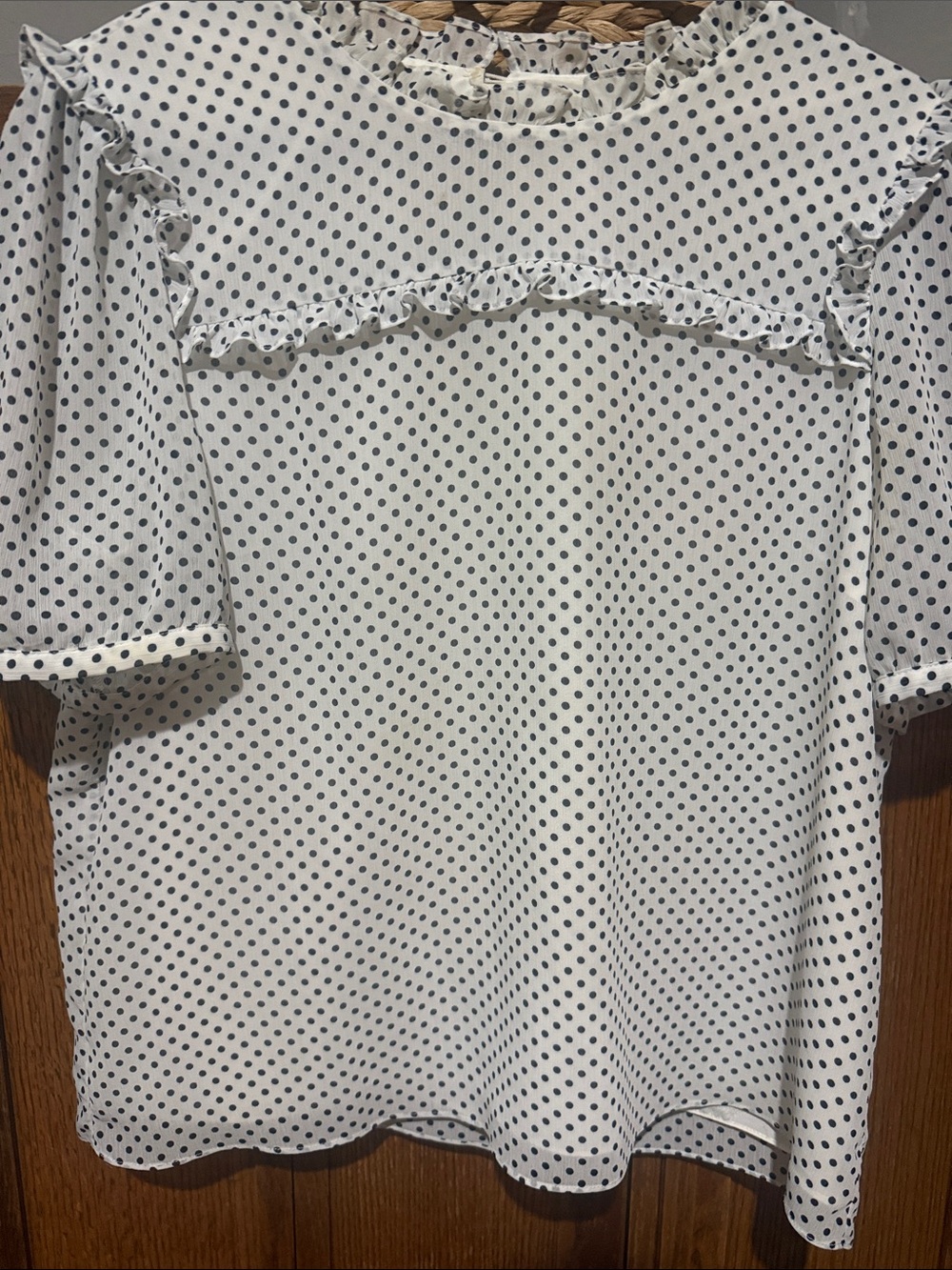 J. Crew White Blouse with Black Polka Dot and Ruffle Trim